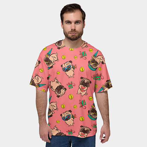 Мужская футболка оверсайз Забавные мопсы паттерн / 3D-принт – фото 3