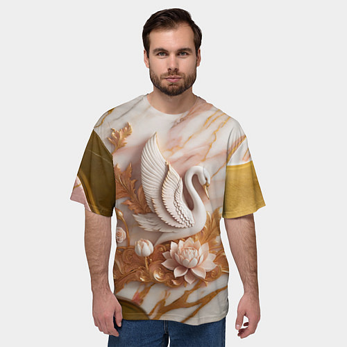 Мужская футболка оверсайз Фарфоровый лебедь и лотос на розовом мраморе / 3D-принт – фото 3