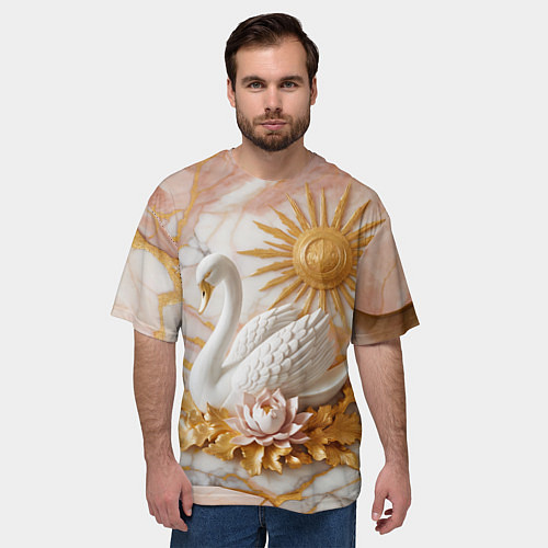 Мужская футболка оверсайз Фарфоровый лебедь и солнце на розовом мраморе / 3D-принт – фото 3