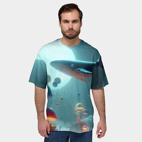 Мужская футболка оверсайз Плывущий по небу кит среди грибов - фантазия / 3D-принт – фото 3