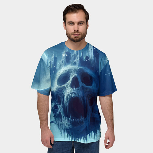 Мужская футболка оверсайз Фантастический череп и сказочный город под луной / 3D-принт – фото 3