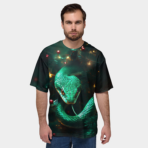 Мужская футболка оверсайз Зелёная новогодняя змея / 3D-принт – фото 3