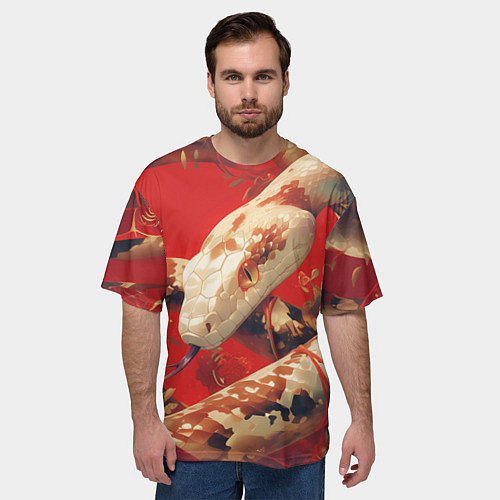 Мужская футболка оверсайз Змея на красном фоне / 3D-принт – фото 3