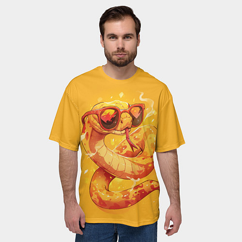 Мужская футболка оверсайз Крутая желтая змея в очках / 3D-принт – фото 3