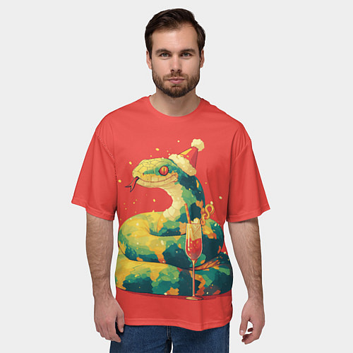 Мужская футболка оверсайз Новогодняя змея с бокалом шампанского / 3D-принт – фото 3