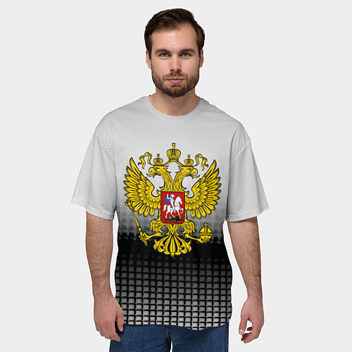 Мужская футболка оверсайз Герб РФ текстура серая / 3D-принт – фото 3