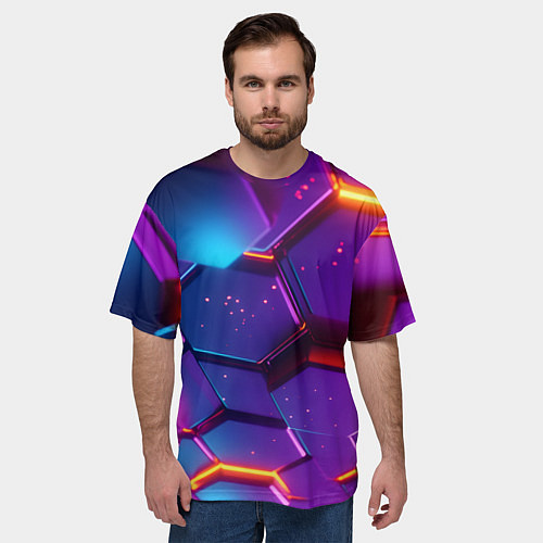Мужская футболка оверсайз Трехмерные соты с эффектом неона / 3D-принт – фото 3