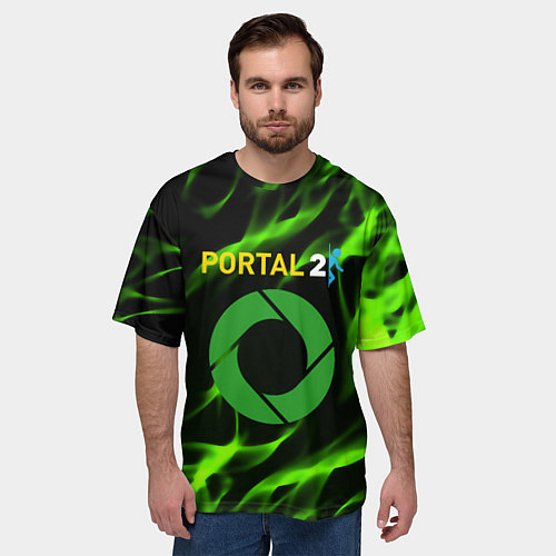 Мужская футболка оверсайз Portal green flame / 3D-принт – фото 3