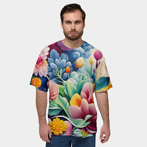 Мужская футболка оверсайз Объемные цветы лето / 3D-принт – фото 3