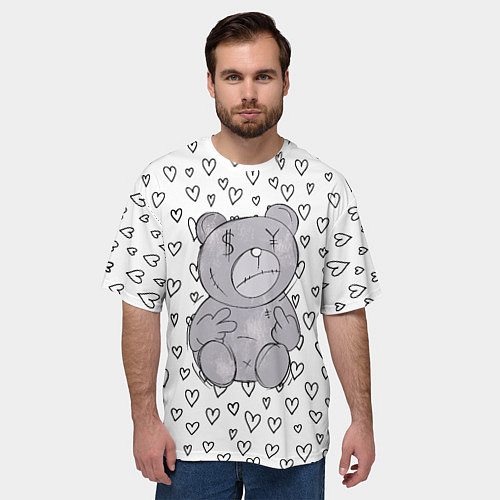 Мужская футболка оверсайз Злой медвежонок черные сердца / 3D-принт – фото 3