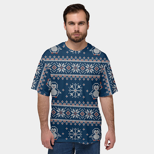 Мужская футболка оверсайз Вязаный зимний узор с милыми пингвинами / 3D-принт – фото 3
