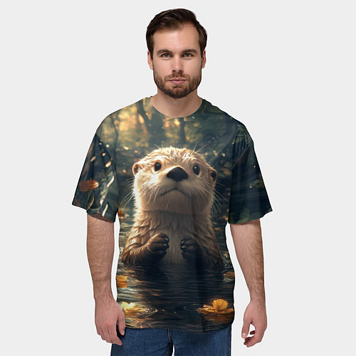 Мужская футболка оверсайз Выдра в летнем пруду / 3D-принт – фото 3