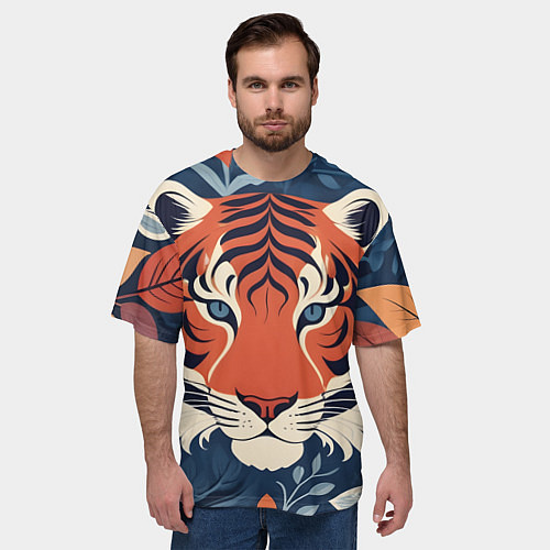 Мужская футболка оверсайз Тигр яркие контрасты / 3D-принт – фото 3
