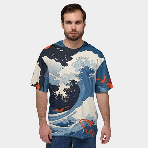 Мужская футболка оверсайз Япония волны алые цветы / 3D-принт – фото 3