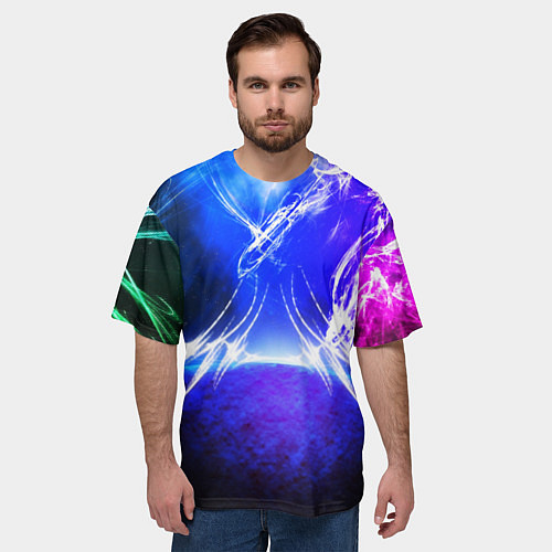 Мужская футболка оверсайз Неоновый шторм текстура / 3D-принт – фото 3