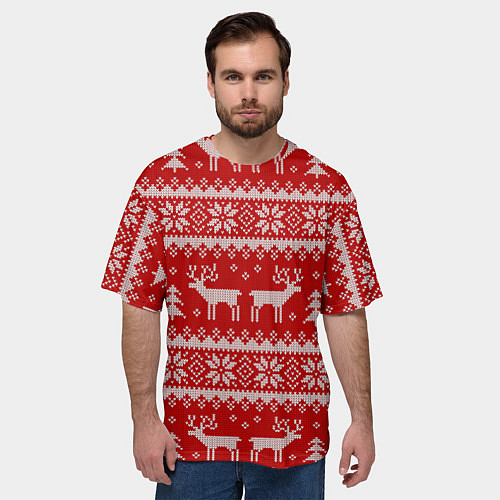 Мужская футболка оверсайз Вязаный зимний узор с оленями / 3D-принт – фото 3