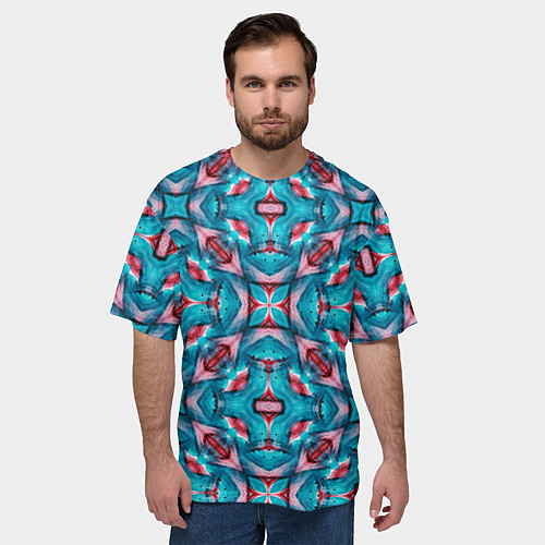 Мужская футболка оверсайз Калейдоскопический узор из голубых и красных штрих / 3D-принт – фото 3