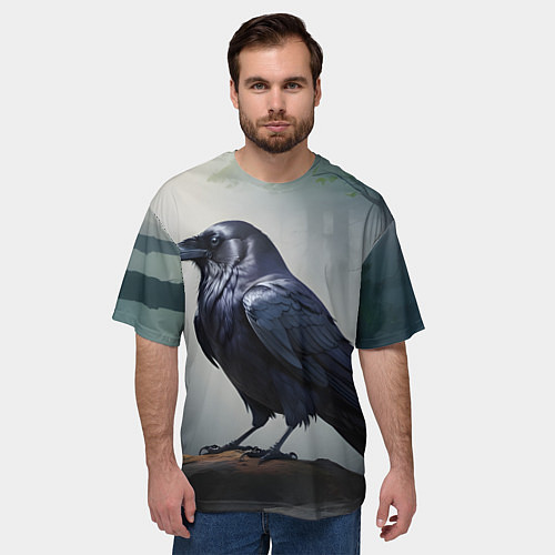 Мужская футболка оверсайз Черный ворон в лесу / 3D-принт – фото 3