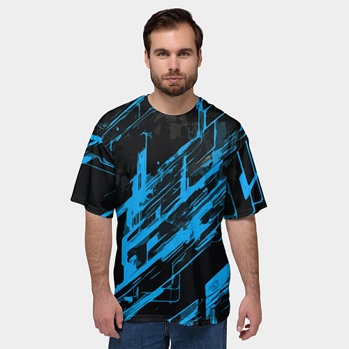 Мужская футболка оверсайз Blue stripes on a black background / 3D-принт – фото 3