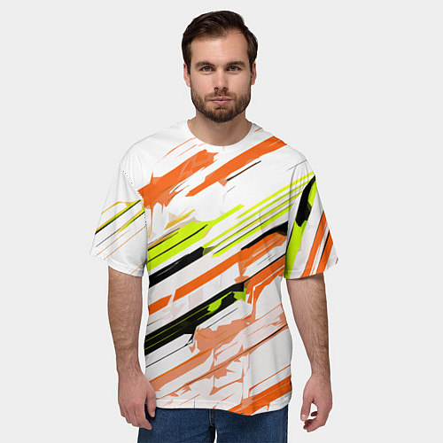 Мужская футболка оверсайз Оранжево-жёлто-чёрные полосы на белом фоне / 3D-принт – фото 3