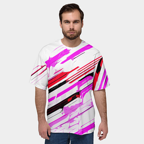 Мужская футболка оверсайз Красно-розово-чёрные полосы на белом фоне / 3D-принт – фото 3