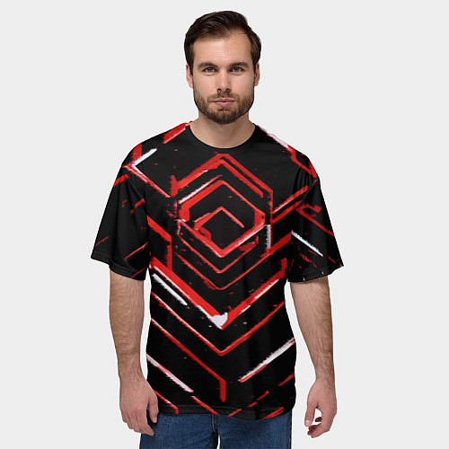 Мужская футболка оверсайз Красные смазанные линии на чёрном фоне / 3D-принт – фото 3