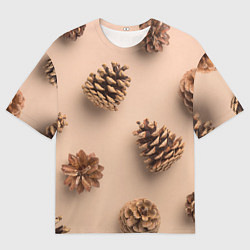 Футболка оверсайз мужская Еловые шишки на бежевом фоне, цвет: 3D-принт