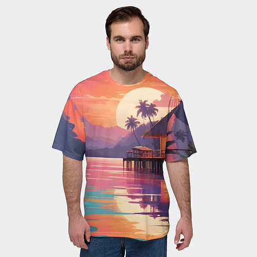 Мужская футболка оверсайз Летний домик пальмы закат / 3D-принт – фото 3