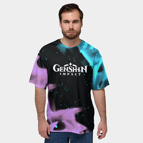 Мужская футболка оверсайз Genshin Impact flame neon / 3D-принт – фото 3