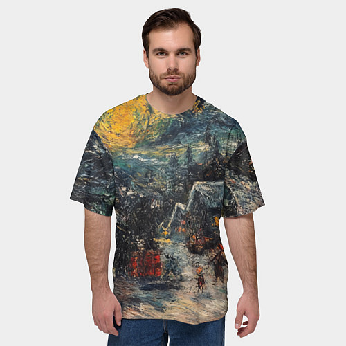 Мужская футболка оверсайз Новогоднее утро картина красками / 3D-принт – фото 3