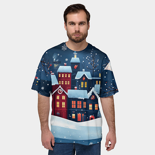 Мужская футболка оверсайз Снежная новогодняя ночь над городом / 3D-принт – фото 3