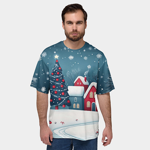 Мужская футболка оверсайз Снежный новогодний день в городе / 3D-принт – фото 3