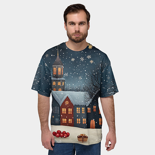 Мужская футболка оверсайз Ночной новогодний город / 3D-принт – фото 3