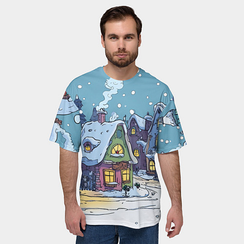 Мужская футболка оверсайз Зимние домики иллюстрация / 3D-принт – фото 3