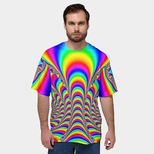 Мужская футболка оверсайз Оптические иллюзии волны неон / 3D-принт – фото 3