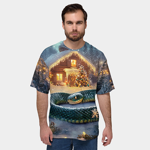 Мужская футболка оверсайз Большая змея на фоне новогоднего дома / 3D-принт – фото 3