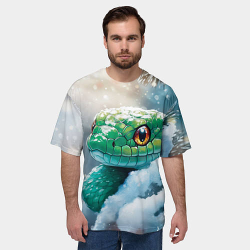 Мужская футболка оверсайз Зеленая змейка на заснеженной ветке / 3D-принт – фото 3