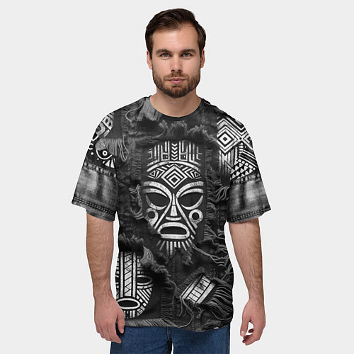 Мужская футболка оверсайз Африканские маски на пэчворк / 3D-принт – фото 3
