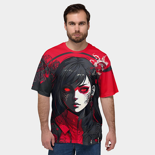 Мужская футболка оверсайз Девушка в стиле аниме в куртке на красном фоне / 3D-принт – фото 3