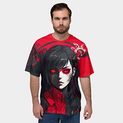 Футболка оверсайз мужская Девушка в стиле аниме в куртке на красном фоне, цвет: 3D-принт — фото 2