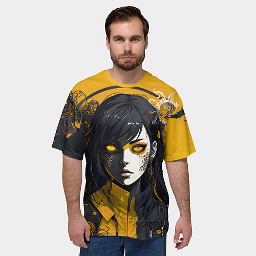 Мужская футболка оверсайз Девушка в стиле аниме в куртке на жёлтом фоне / 3D-принт – фото 3