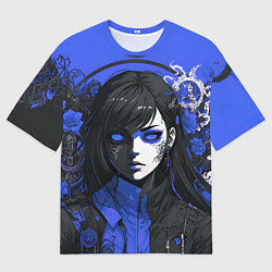 Футболка оверсайз мужская Девушка в стиле аниме в куртке на голубом фоне, цвет: 3D-принт