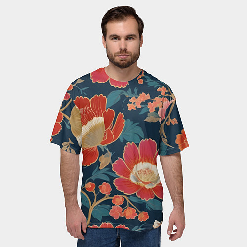 Мужская футболка оверсайз Искусство алые цветы / 3D-принт – фото 3
