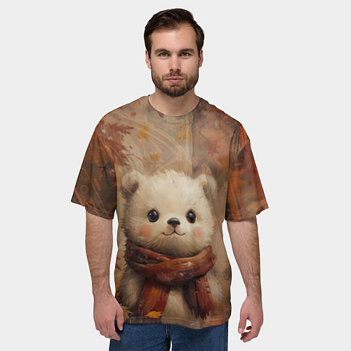Мужская футболка оверсайз Белый мишка в шарфе / 3D-принт – фото 3