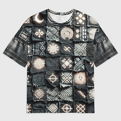 Мужская футболка оверсайз Африканские знаки на пэчворк дениме