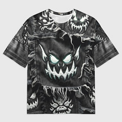 Мужская футболка оверсайз Облик монстра на пэчворк джинсах