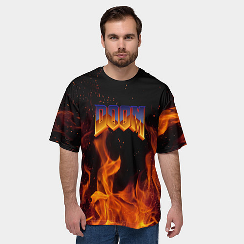 Мужская футболка оверсайз Doom fire steel logo / 3D-принт – фото 3