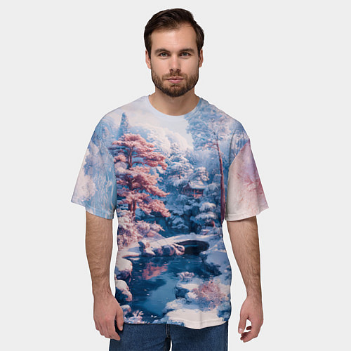 Мужская футболка оверсайз Японская зима в сельской местности / 3D-принт – фото 3