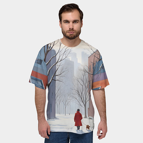 Мужская футболка оверсайз Прогулка зима / 3D-принт – фото 3