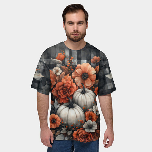 Мужская футболка оверсайз Белые тыква с цветами / 3D-принт – фото 3